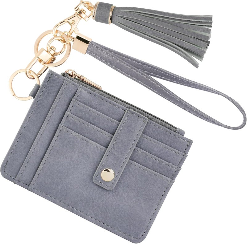 KNGITRYI Wallet, Slim RFID Credit Card Holder with Wristlet Keychain, Gray (Unisex, PU Leather, 8 Card Slots, RFID Protected, Fashion Tassel) - Image 1